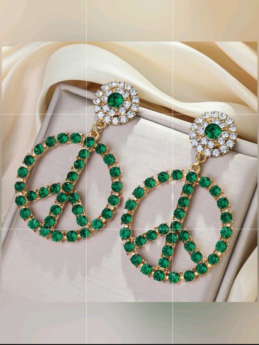 Peace Sign Rhinestone Statement Earrings Emerald Green